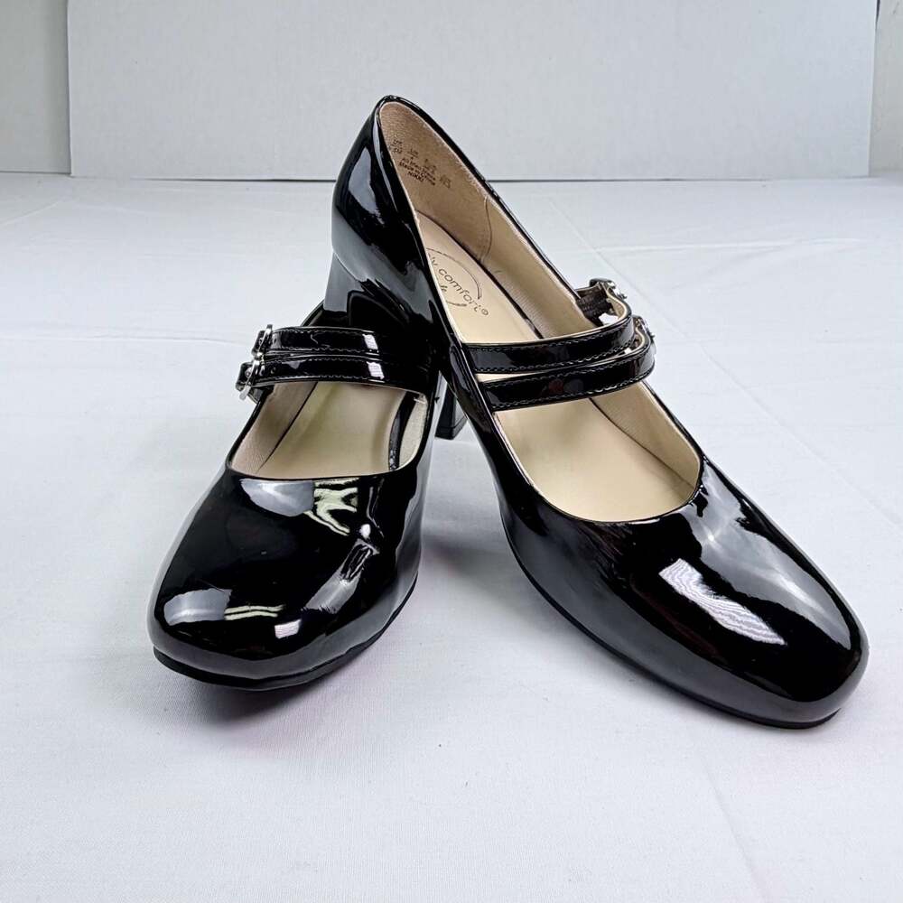 LifeStride Women's Black Patent Leather Mary Jane Pumps Double Buckle Strap 6.5